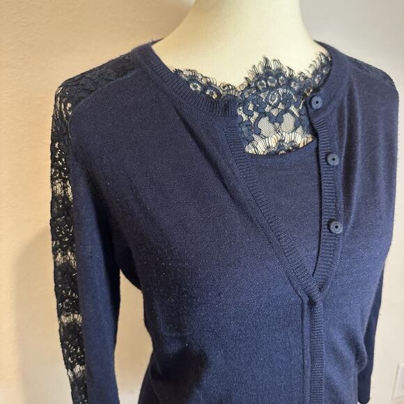 Les Copains Navy Blue Wool Cashmere Knit Cardigan Set Lace Sweater Old Money Top - Picture 6 of 11